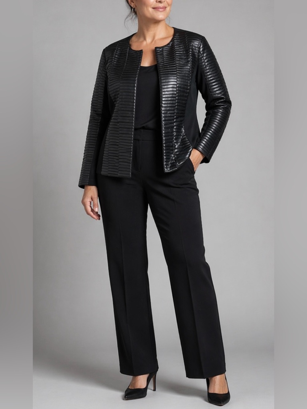 NEW Cache Faux Leather Black Jacket Size XL Mixed Media City Chic Career Wear